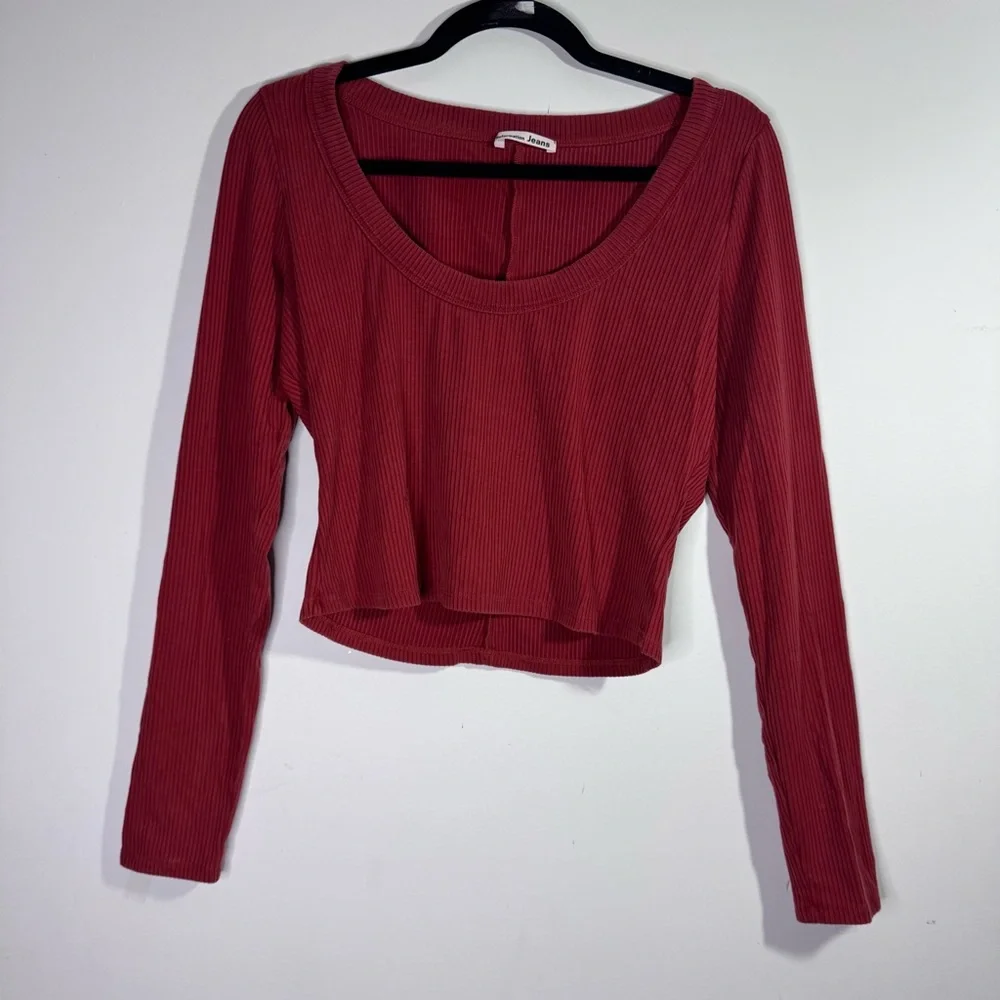 Reformation Jeans Ribbed Crop Top XL Red Scoop Neck Long Sleeve Tee